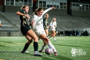 Southwest’s Ansley Throener (9) guarded by Southeast’s Caitlyn Olsen (16) during a high school girls’ soccer game on Tuesday, March 31, 2026, in Lincoln, Nebraska. Photo by Jackson D. Luethje.
