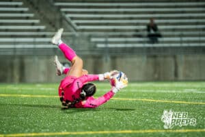 Southeast’s Lily Pickerel (0) makes a save against Southwest during a high school girls’ soccer game Tuesday, March 31, 2026, in Lincoln, Nebraska. Photo by Jackson D. Luethje.