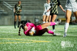 Southeast’s Lily Pickerel (0) makes a save against Southwest during a high school girls’ soccer game Tuesday, March 31, 2026, in Lincoln, Nebraska. Photo by Jackson D. Luethje.