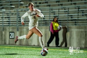 Southwest’s Ansley Throener (9) dribbles the ball against Southeast during a high school girls’ soccer game on Tuesday, March 31, 2026, in Lincoln, Nebraska. Photo by Jackson D. Luethje.