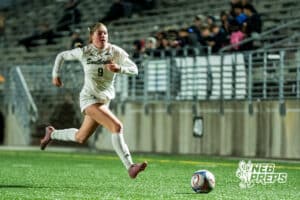 Southwest’s Ansley Throener (9) dribbles the ball against Southeast during a high school girls’ soccer game Tuesday, March 31, 2026, in Lincoln, Nebraska. Photo by Jackson D. Luethje.