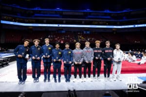 Sam Phillips, Illinois; Aaronson Mansberger, Michigan; Akshay Puri, Michigan; Pierce Wolfgang, Michigan; Caden Clinton, Nebraska Luke James, Nebraska; Jacob Harmon, Ohio State; Parker Thackston, Ohio State; Matt Underhill, Penn State made the second team during the Big Ten Men’s Gymnastics Championships on Saturday, April 4, 2026, in Lincoln. Photo by John S. Peterson.