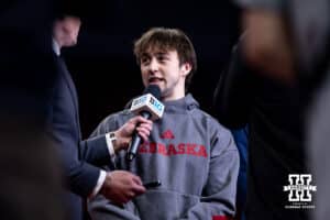 Nebraska Cornhusker Asher Cohen interviewed after being awared first place on the still rings during the Big Ten Men’s Gymnastics Championships on Saturday, April 4, 2026, in Lincoln. Photo by John S. Peterson.