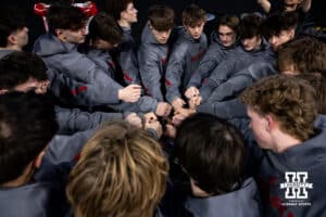 Nebraska Cornhusker huddle up before the award presentation during the Big Ten Men’s Gymnastics Championships on Saturday, April 4, 2026, in Lincoln. Photo by John S. Peterson.