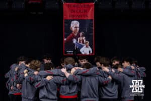 Nebraska Cornhusker huddle up before the award presentation during the Big Ten Men’s Gymnastics Championships on Saturday, April 4, 2026, in Lincoln. Photo by John S. Peterson.