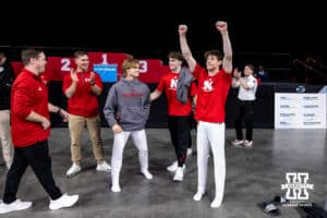 Nebraska Cornhusker Nathan York celebrates finding out he is first place on the parallel bars during the Big Ten Men’s Gymnastics Championships on Saturday, April 4, 2026, in Lincoln. Photo by John S. Peterson.
