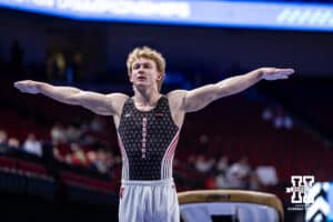 Nebraska Cornhusker Luke James performs on the vault during the Big Ten Men’s Gymnastics Championships on Saturday, April 4, 2026, in Lincoln. Photo by John S. Peterson.