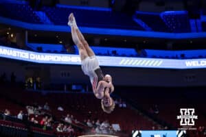 Nebraska Cornhusker Luke James performs on the vault during the Big Ten Men’s Gymnastics Championships on Saturday, April 4, 2026, in Lincoln. Photo by John S. Peterson.
