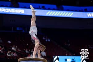 Nebraska Cornhusker Luke James performs on the vault during the Big Ten Men’s Gymnastics Championships on Saturday, April 4, 2026, in Lincoln. Photo by John S. Peterson.