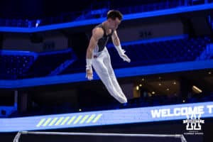 Nebraska Cornhusker Alex Nitache performs on the horizontal bar during the Big Ten Men’s Gymnastics Championships on Saturday, April 4, 2026, in Lincoln. Photo by John S. Peterson.