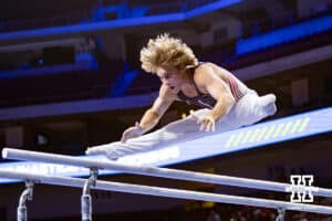 Nebraska Cornhusker Chase Mondi performs on the vault during the Big Ten Men’s Gymnastics Championships on Saturday, April 4, 2026, in Lincoln. Photo by John S. Peterson.