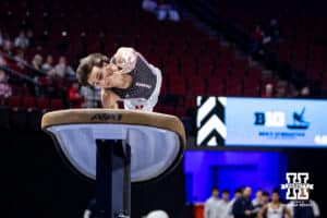 Nebraska Cornhusker Chase Mondi performs on the vault during the Big Ten Men’s Gymnastics Championships on Saturday, April 4, 2026, in Lincoln. Photo by John S. Peterson.