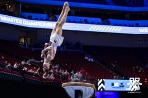 Nebraska Cornhusker Chase Mondi performs on the vault during the Big Ten Men’s Gymnastics Championships on Saturday, April 4, 2026, in Lincoln. Photo by John S. Peterson.