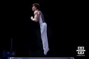 Nebraska Cornhusker Max Odden performs on the high bar during the Big Ten Men’s Gymnastics Championships on Saturday, April 4, 2026, in Lincoln. Photo by John S. Peterson