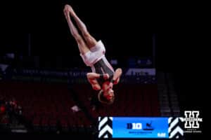 Nebraska Cornhusker Chase Mondi performs on the floor exercise during the Big Ten Men’s Gymnastics Championships on Saturday, April 4, 2026, in Lincoln. Photo by John S. Peterson.