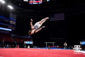Nebraska Cornhusker Chase Mondi performs on the floor exercise during the Big Ten Men’s Gymnastics Championships on Saturday, April 4, 2026, in Lincoln. Photo by John S. Peterson.