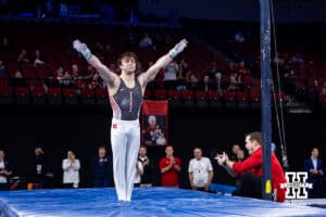 Nebraska Cornhusker Asher Cohen performs on the still rings during the Big Ten Men’s Gymnastics Championships on Saturday, April 4, 2026, in Lincoln. Photo by John S. Peterson.