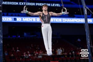 Nebraska Cornhusker Asher Cohen performs on the still rings during the Big Ten Men’s Gymnastics Championships on Saturday, April 4, 2026, in Lincoln. Photo by John S. Peterson.