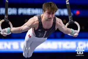 Nebraska Cornhusker Asher Cohen performs on the still rings during the Big Ten Men’s Gymnastics Championships on Saturday, April 4, 2026, in Lincoln. Photo by John S. Peterson.
