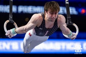 Nebraska Cornhusker Asher Cohen performs on the still rings during the Big Ten Men’s Gymnastics Championships on Saturday, April 4, 2026, in Lincoln. Photo by John S. Peterson.