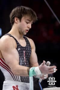 Nebraska Cornhusker Asher Cohen gets ready to perform on the still rings during the Big Ten Men’s Gymnastics Championships on Saturday, April 4, 2026, in Lincoln. Photo by John S. Peterson.
