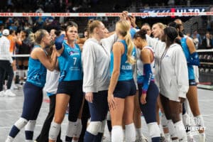 Omaha Supernovas huddle after a major league volleyball match against the Indy Ignite on April 4, 2026, in Omaha, Nebraska. Photo by Brandon Tiedemann
