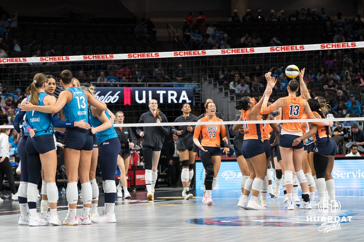 Omaha Supernovas huddle after a major league volleyball match against the Indy Ignite on April 4, 2026, in Omaha, Nebraska. Photo by Brandon Tiedemann