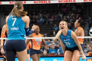 Omaha Supernova Leyla Blackwell (26) cheers during a major league volleyball match against the Indy Ignite on April 4, 2026, in Omaha, Nebraska. Photo by Brandon Tiedemann