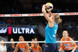 Omaha Supernova Brooke Mosher (6) sets the ball during a major league volleyball match against the Indy Ignite on April 4, 2026, in Omaha, Nebraska. Photo by Brandon Tiedemann