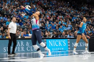 Omaha Supernova Elena Oglivie (22) saves the set during a major league volleyball match against the Indy Ignite on April 4, 2026, in Omaha, Nebraska. Photo by Brandon Tiedemann