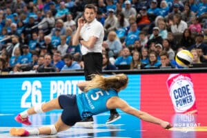 Omaha Supernova Brooke Nuneviller (5) dives for the ball during a major league volleyball match against the Indy Ignite on April 4, 2026, in Omaha, Nebraska. Photo by Brandon Tiedemann