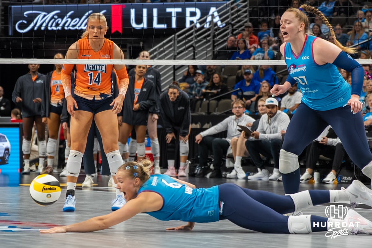 Omaha Supernova Brooke Mosher (6) dives to save the ball during a major league volleyball match against the Indy Ignite on April 4, 2026, in Omaha, Nebraska. Photo by Brandon Tiedemann