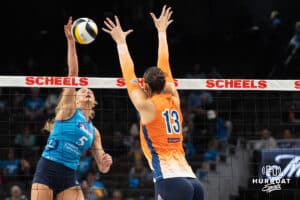 Omaha Supernova Brooke Nuneviller (5) spikes the ball during a major league volleyball match against the Indy Ignite on April 4, 2026, in Omaha, Nebraska. Photo by Brandon Tiedemann