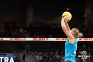 Omaha Supernova Brooke Mosher (6) sets the ball during a major league volleyball match against the Indy Ignite on April 4, 2026, in Omaha, Nebraska. Photo by Brandon Tiedemann