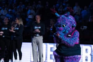 Omaha Supernova mascot Starla plays the trumpet during a major league volleyball match against the Indy Ignite on April 4, 2026, in Omaha, Nebraska. Photo by Brandon Tiedemann