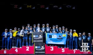 Michigan Wolverines pose for a photo after winning the team competition during the Big Ten Men's Gymnastics Team Championship on Friday, April 3, 2026, in Lincoln. Photo by John S. Peterson.