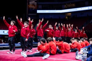 Nebraska Cornhusker waves to the fans after taking second in the team competition during the Big Ten Men's Gymnastics Team Championship on Friday, April 3, 2026, in Lincoln. Photo by John S. Peterson.