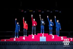 Nebraska Cornhusker Max Odden takes second place after Michigan's Fred Richard in the all-round during the Big Ten Men's Gymnastics Team Championship on Friday, April 3, 2026, in Lincoln. Photo by John S. Peterson.