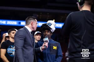 Michigan's Fred Richard interviewed after Michigan won the team competition during the Big Ten Men's Gymnastics Team Championship on Friday, April 3, 2026, in Lincoln. Photo by John S. Peterson.