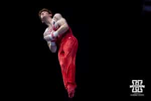 Nebraska Cornhusker Max Odden performs on the bar during the Big Ten Men's Gymnastics Team Championship on Friday, April 3, 2026, in Lincoln. Photo by John S. Peterson.