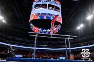 Nebraska Cornhusker Nathan York performs on the bars during the Big Ten Men's Gymnastics Team Championship on Friday, April 3, 2026, in Lincoln. Photo by John S. Peterson.