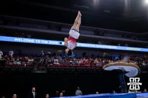 Nebraska Cornhusker Chase Mondi performs on the vault during the Big Ten Men's Gymnastics Team Championship on Friday, April 3, 2026, in Lincoln. Photo by John S. Peterson.