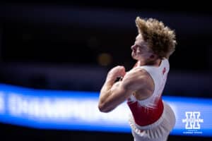 Nebraska Cornhusker Luke James performs on the vault during the Big Ten Men's Gymnastics Team Championship on Friday, April 3, 2026, in Lincoln. Photo by John S. Peterson.