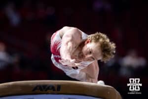 Nebraska Cornhusker Luke James performs on the vault during the Big Ten Men's Gymnastics Team Championship on Friday, April 3, 2026, in Lincoln. Photo by John S. Peterson.