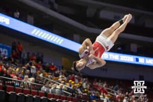Nebraska Cornhusker Ty Roderiques performs on the vault during the Big Ten Men's Gymnastics Team Championship on Friday, April 3, 2026, in Lincoln. Photo by John S. Peterson.