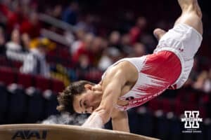 Nebraska Cornhusker Ty Roderiques performs on the vault during the Big Ten Men's Gymnastics Team Championship on Friday, April 3, 2026, in Lincoln. Photo by John S. Peterson.