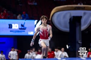 Nebraska Cornhusker Nathan York performs on the vault during the Big Ten Men's Gymnastics Team Championship on Friday, April 3, 2026, in Lincoln. Photo by John S. Peterson.