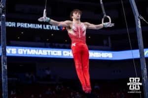 Nebraska Cornhusker Asher Cohen performs on the rings during the Big Ten Men's Gymnastics Team Championship on Friday, April 3, 2026, in Lincoln. Photo by John S. Peterson.