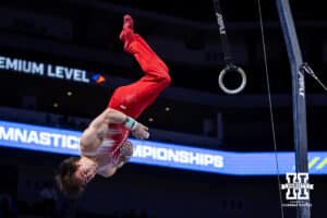 Nebraska Cornhusker Asher Cohen performs on the rings during the Big Ten Men's Gymnastics Team Championship on Friday, April 3, 2026, in Lincoln. Photo by John S. Peterson.