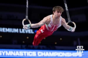 Nebraska Cornhusker Asher Cohen performs on the rings during the Big Ten Men's Gymnastics Team Championship on Friday, April 3, 2026, in Lincoln. Photo by John S. Peterson.